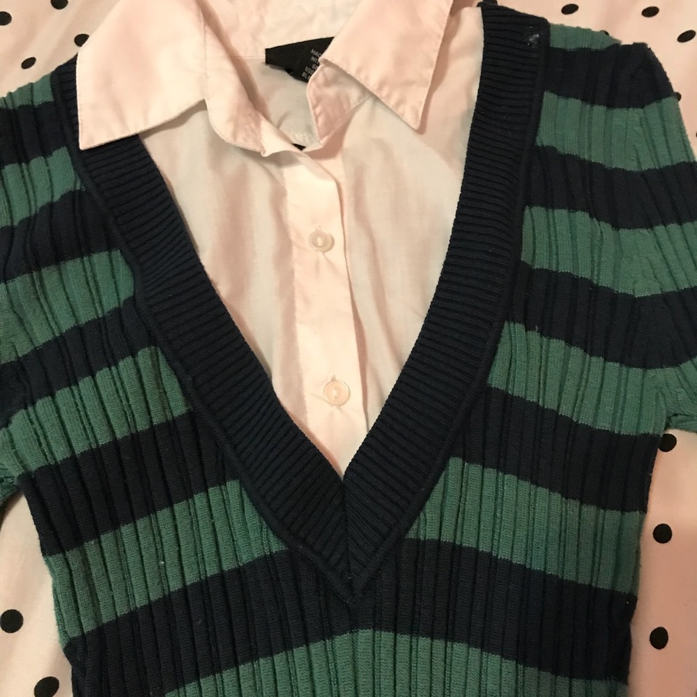Blue and green striped shirt with white collar